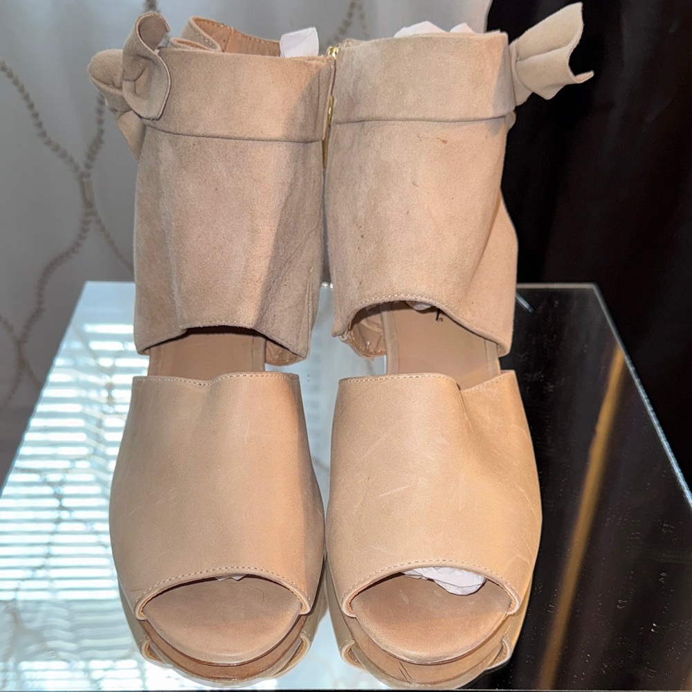 Anthropologie Beige Suede Open-Toe Ankle Booties with Bow Detail